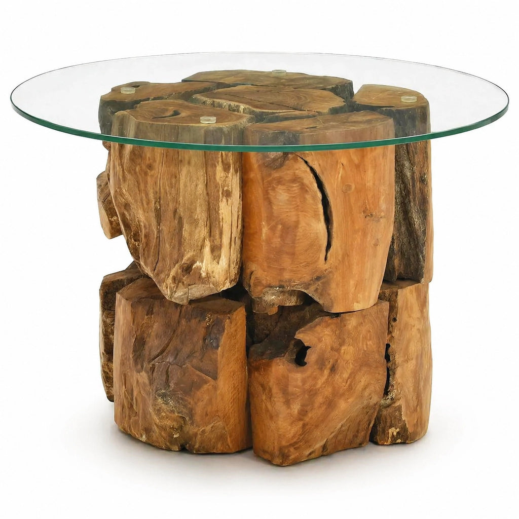 Table basse ronde en verre avec base en bois massif naturel au design rustique et artisanal
