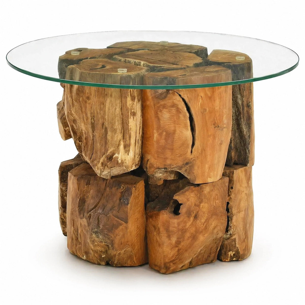 Table basse ronde en verre avec base en bois massif naturel au design rustique et artisanal