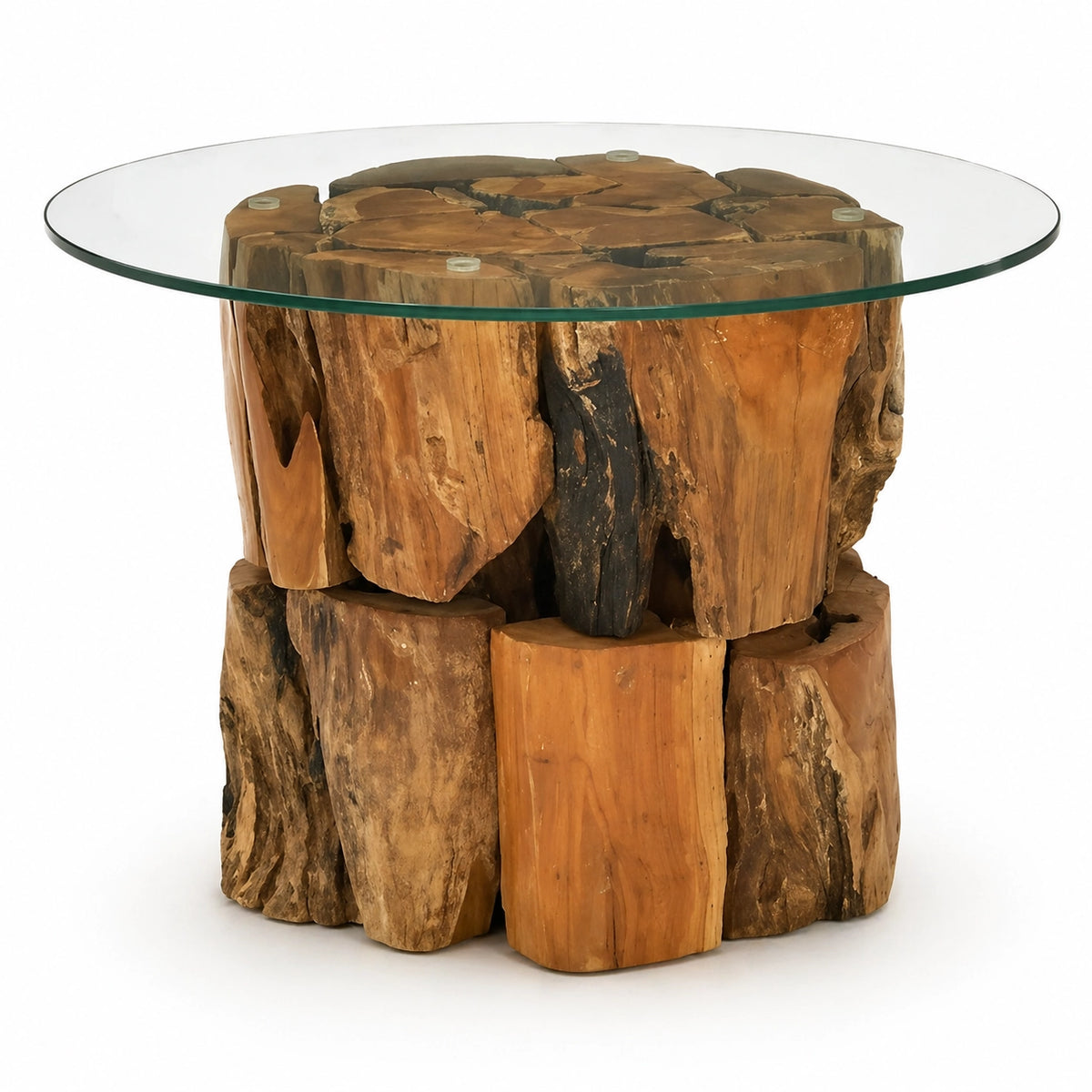 Table basse ronde en verre avec socle en bois brut naturel au style rustique et organique