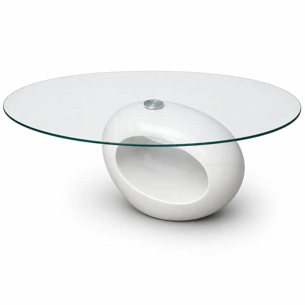 Table basse design avec plateau rond en verre transparent et base sculpturale blanche au style contemporain futuriste