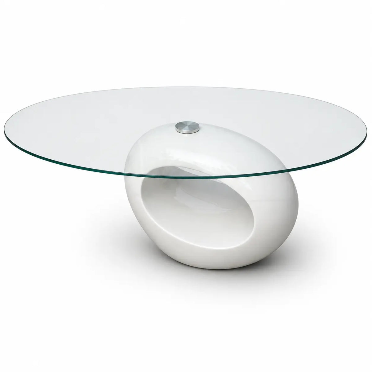 Table basse design avec plateau rond en verre transparent et base sculpturale blanche au style contemporain futuriste