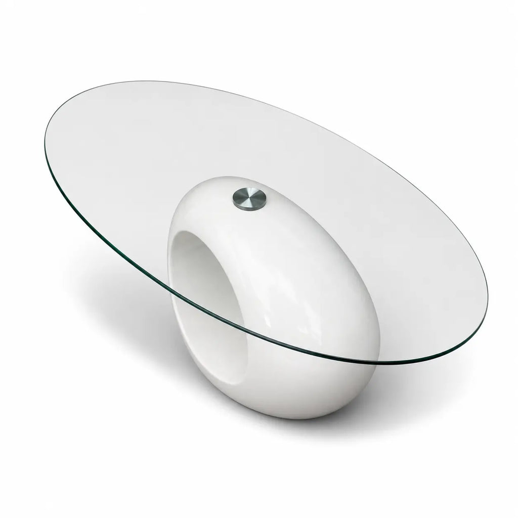 Table basse design avec plateau ovale en verre transparent et base sculpturale blanche brillante au style contemporain