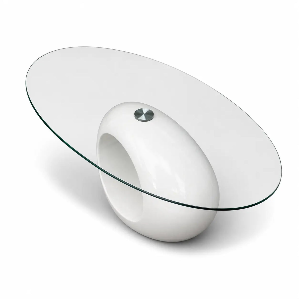 Table basse design avec plateau ovale en verre transparent et base sculpturale blanche brillante au style contemporain