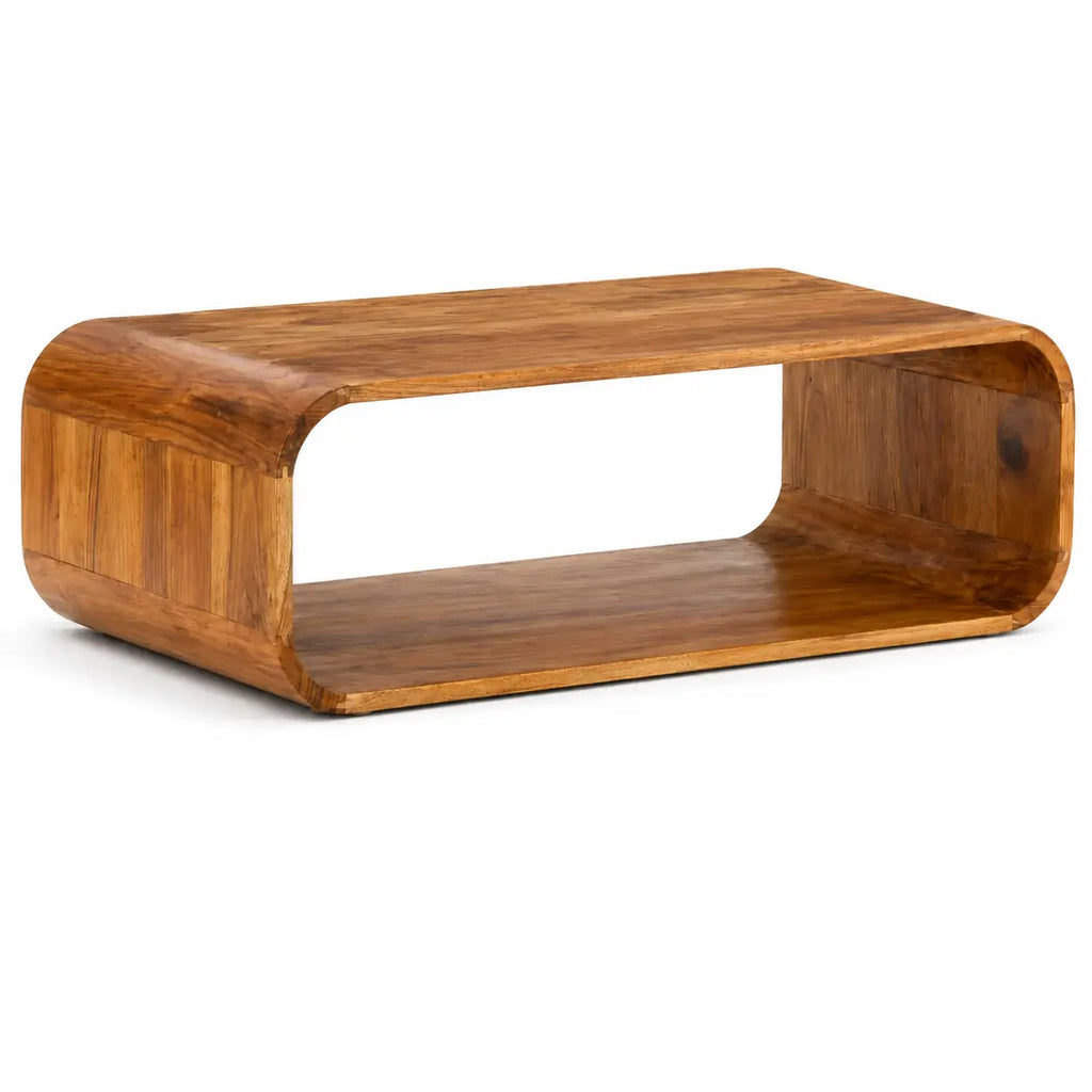 Table basse rectangulaire en bois massif avec bords arrondis et étagère ouverte, design moderne et minimaliste.