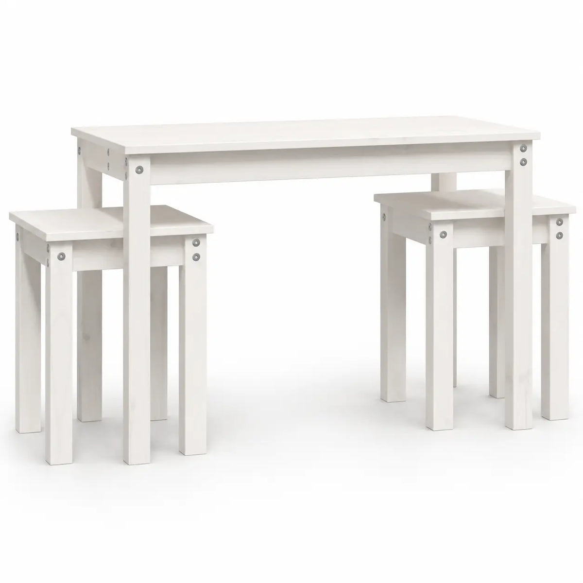Ensemble tables gigognes compact blanc avec table rectangulaire et quatre tabourets, design minimaliste gain de place
