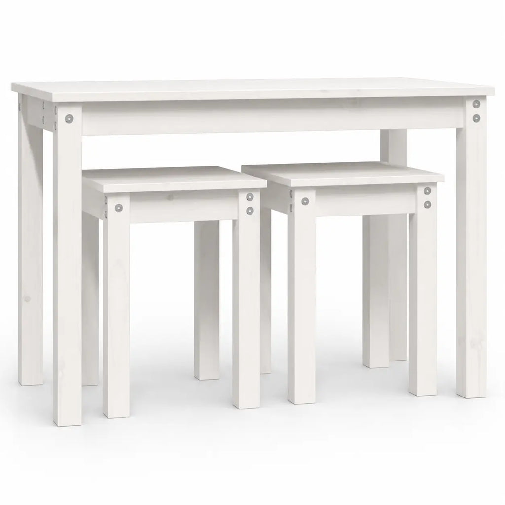 Ensemble table gigognes blanches avec deux tabourets assortis, design compact minimaliste pour petits espaces