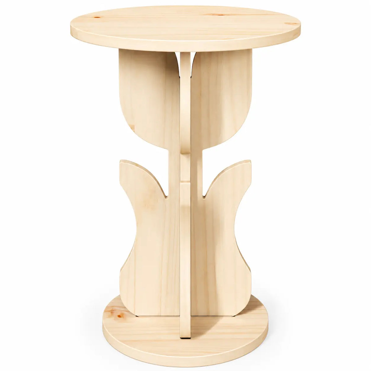 Table d’appoint ronde en bois naturel, vue frontale, avec piètement sculptural au design minimaliste moderne