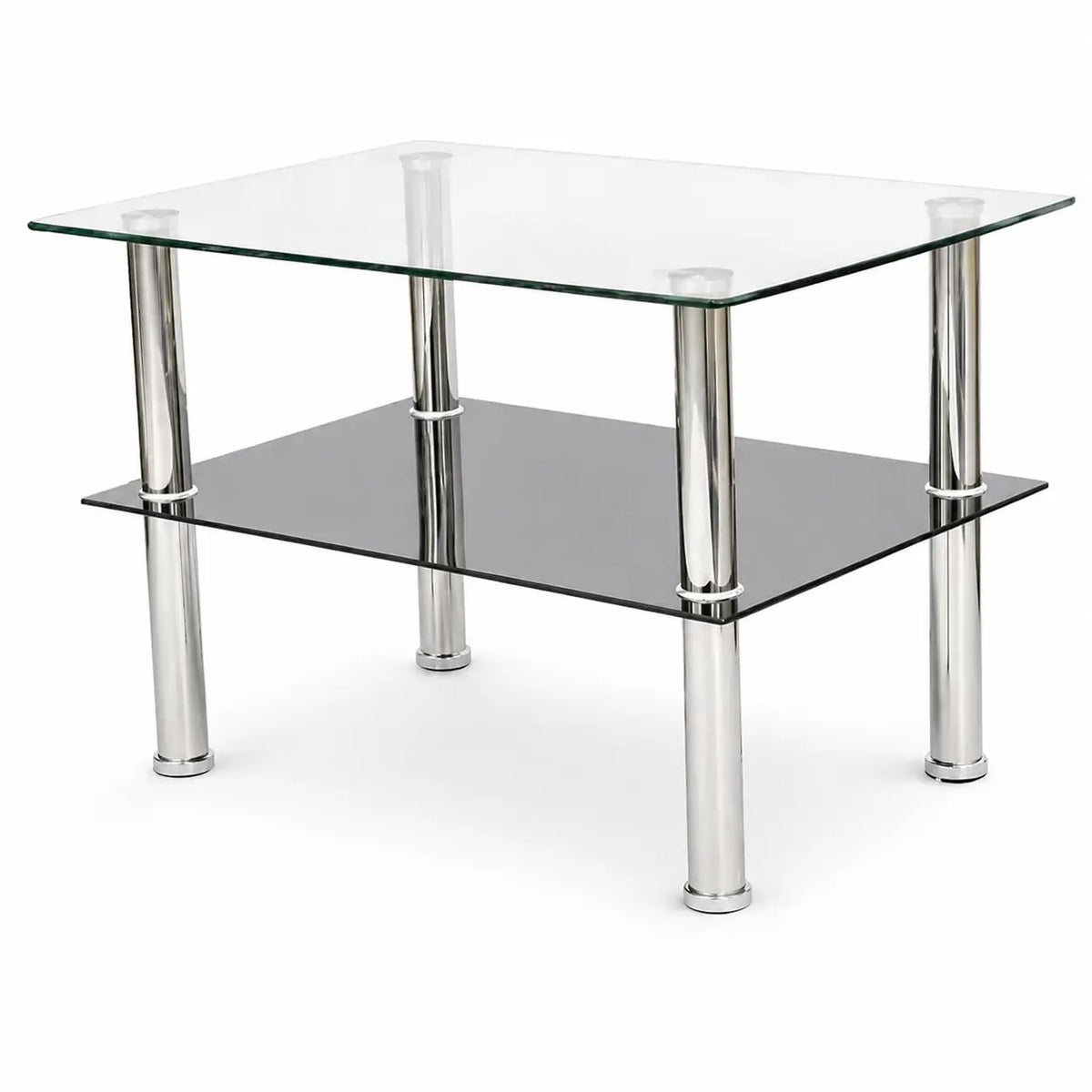 Table basse Vetra en verre rectangulaire avec double plateau et pieds chromés au design moderne