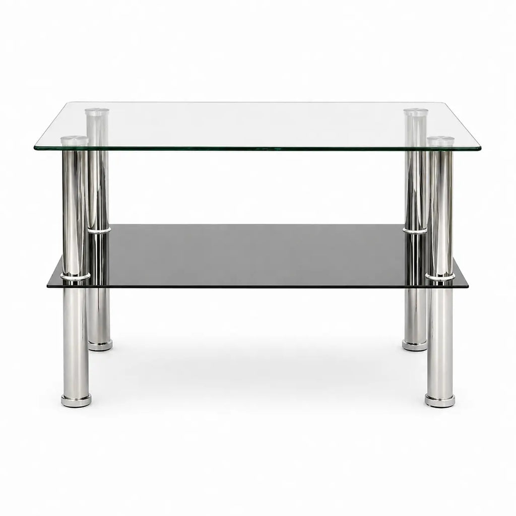 Table basse Vetra avec plateau en verre transparent, étagère noire et pieds chromés modernes