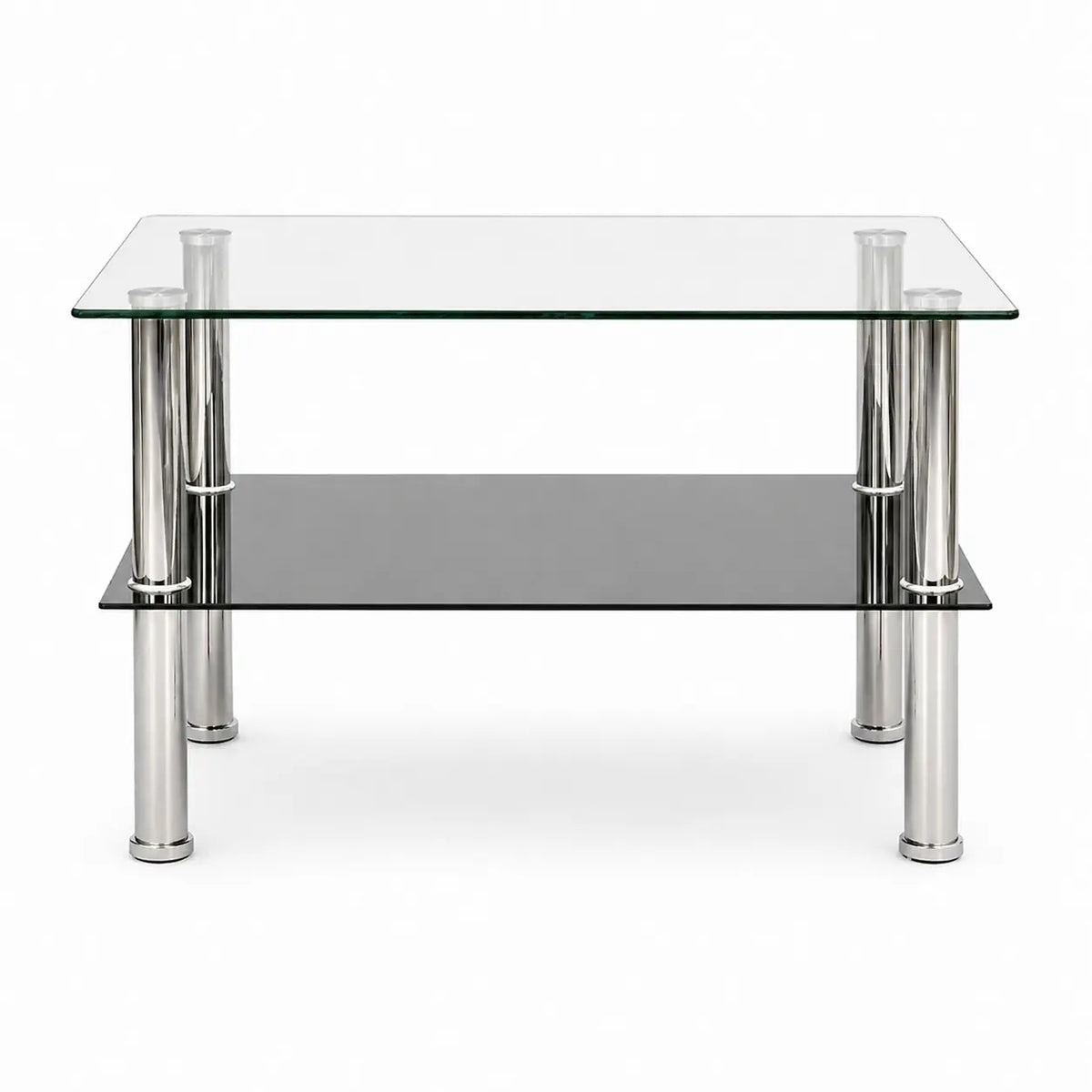 Table basse Vetra avec plateau en verre transparent, étagère noire et pieds chromés modernes