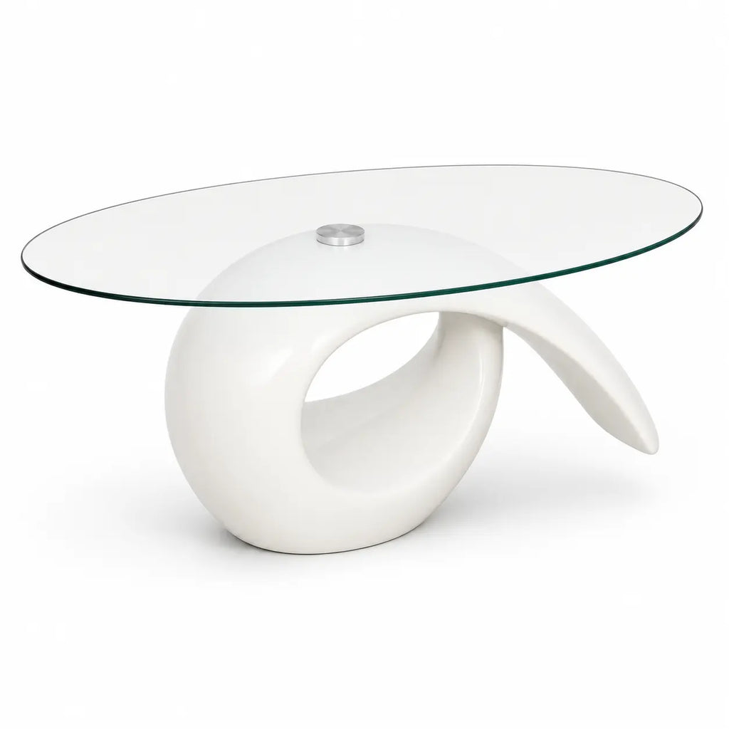 Table basse design en verre avec base sculpturale blanche et plateau ovale transparent style moderne