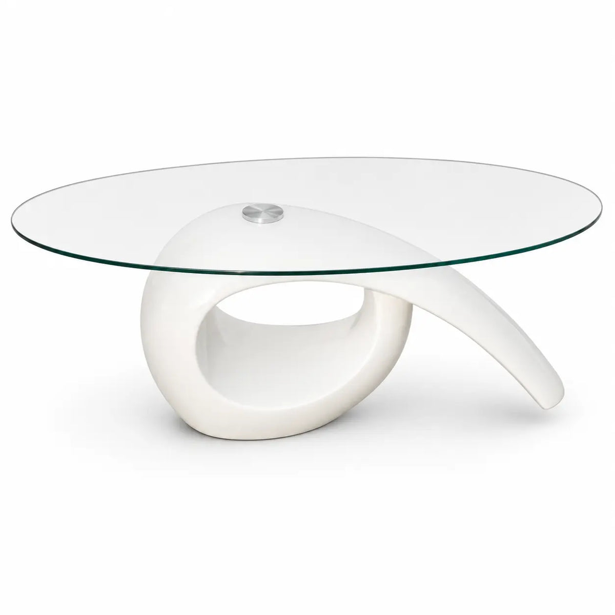Table basse design en verre transparent avec base sculpturale blanche forme organique pour salon moderne