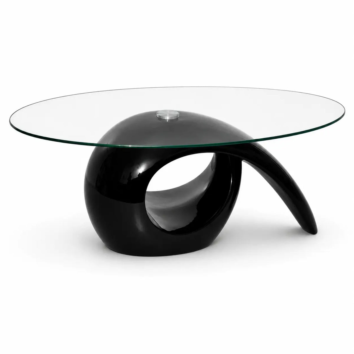 Table basse design noire avec plateau rond en verre transparent et base sculpturale contemporaine brillante