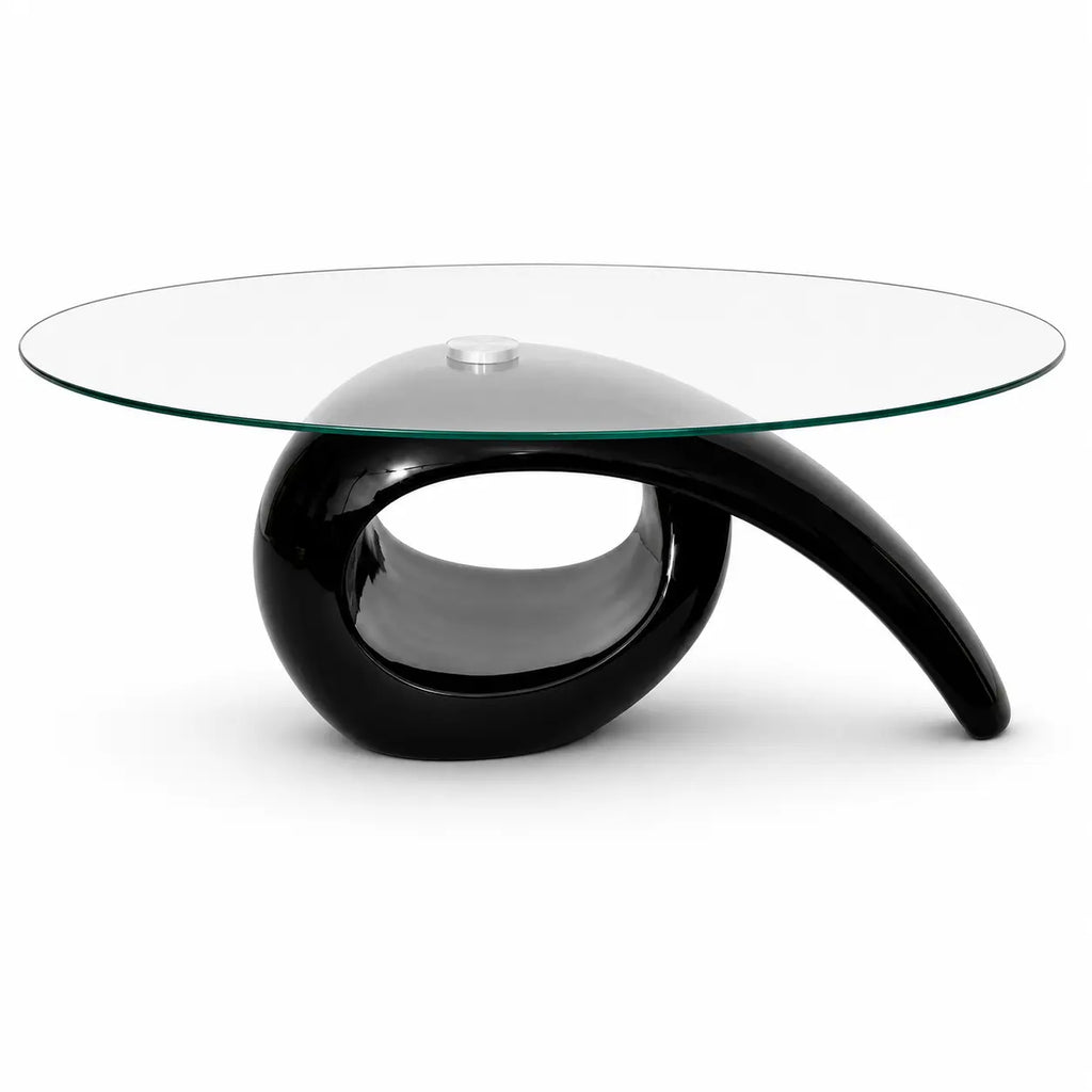 Table basse design noir brillant avec plateau ovale en verre et base sculpturale moderne asymétrique