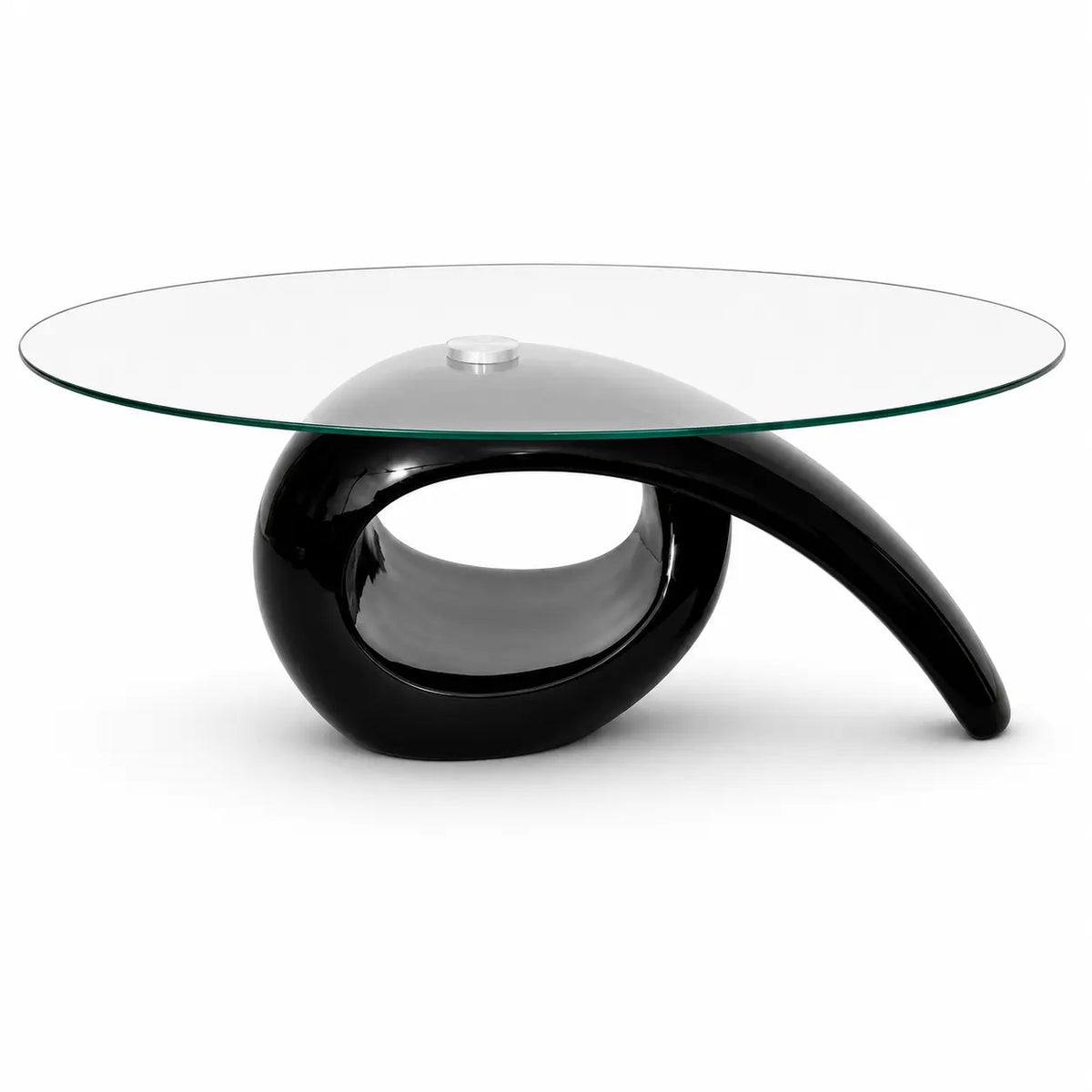 Table basse design noir brillant avec plateau ovale en verre et base sculpturale moderne asymétrique