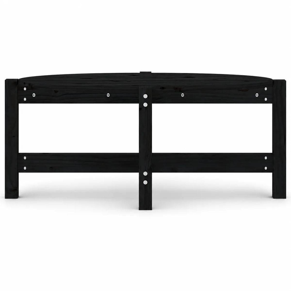 Vue frontale de la structure de support de la table basse noire industrielle, montrant le cadre robuste et les points de fixation