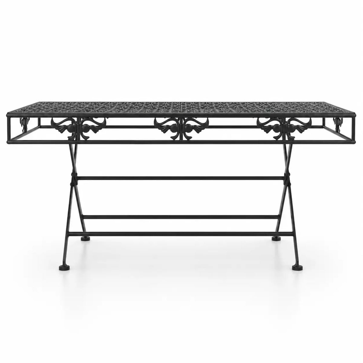 Table basse pliante vintage Rustora en métal noir avec plateau ajouré et structure élégante minimaliste
