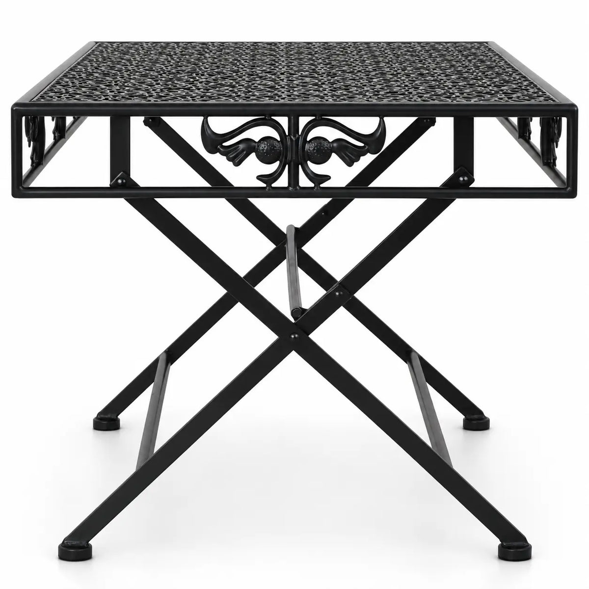 Table basse pliante Rustora en métal noir avec pieds croisés et plateau ajouré au style vintage élégant