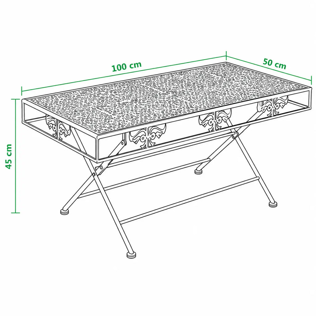 Schéma dimensions table basse pliante Rustora en métal noir avec plateau ajouré de 100 x 50 cm
