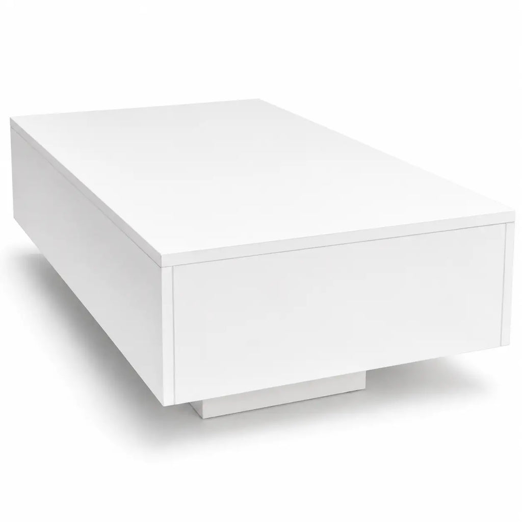 Table basse rectangulaire blanche brillante au design minimaliste avec structure monobloc et base centrale discrète