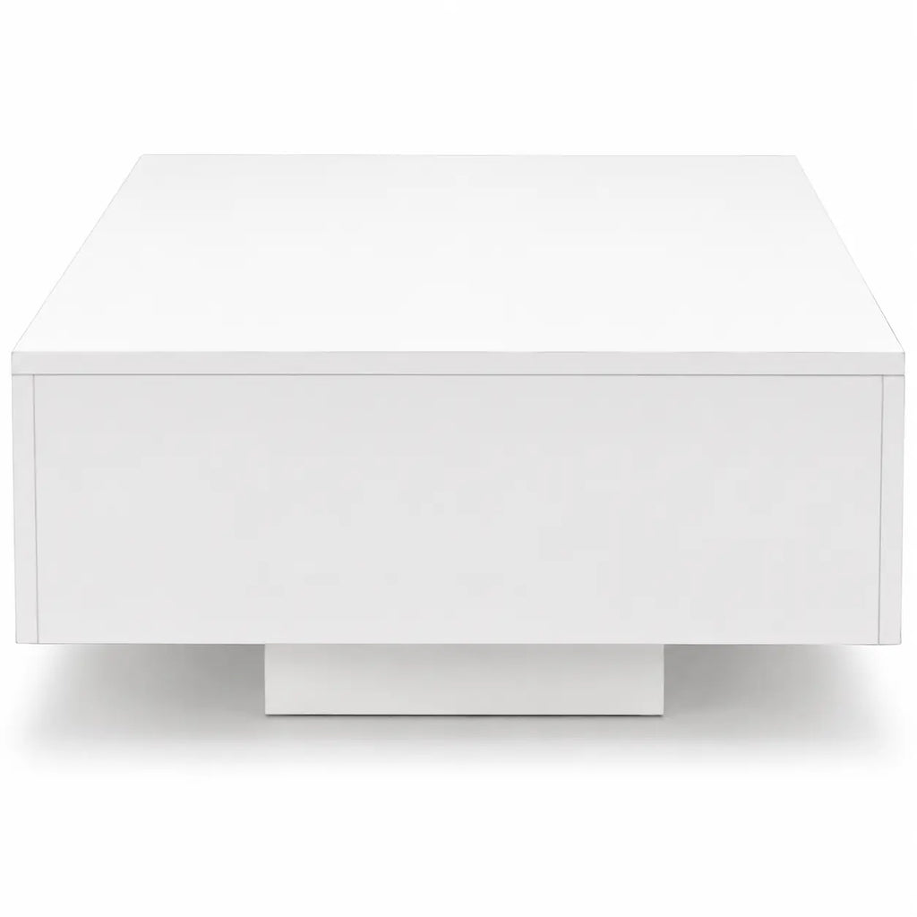 Vue frontale d’une table basse rectangulaire blanche brillante au design minimaliste avec base centrale discrète