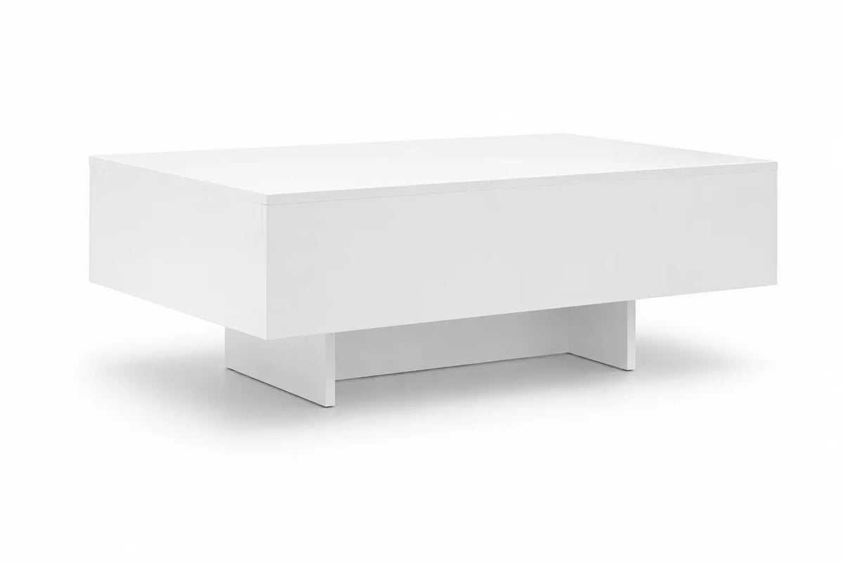 Table basse rectangulaire blanche brillante au design contemporain avec structure monobloc et base centrale ouverte