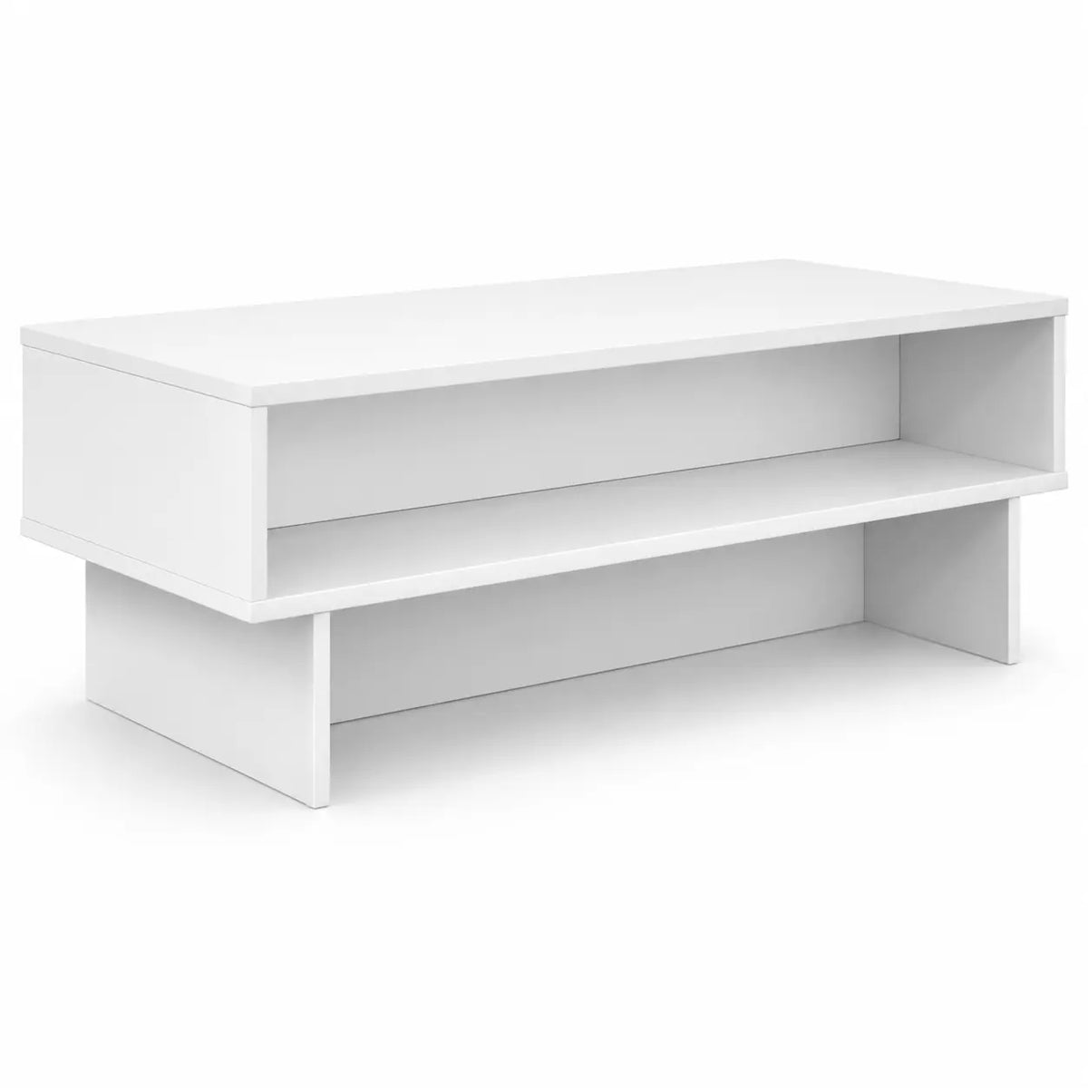 Table basse blanche avec étagère ouverte, design moderne minimaliste avec rangement intégré pour salon compact