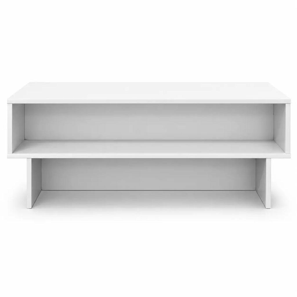 Table basse blanche rectangulaire avec double étagère ouverte, meuble de salon moderne avec rangement pratique intégré