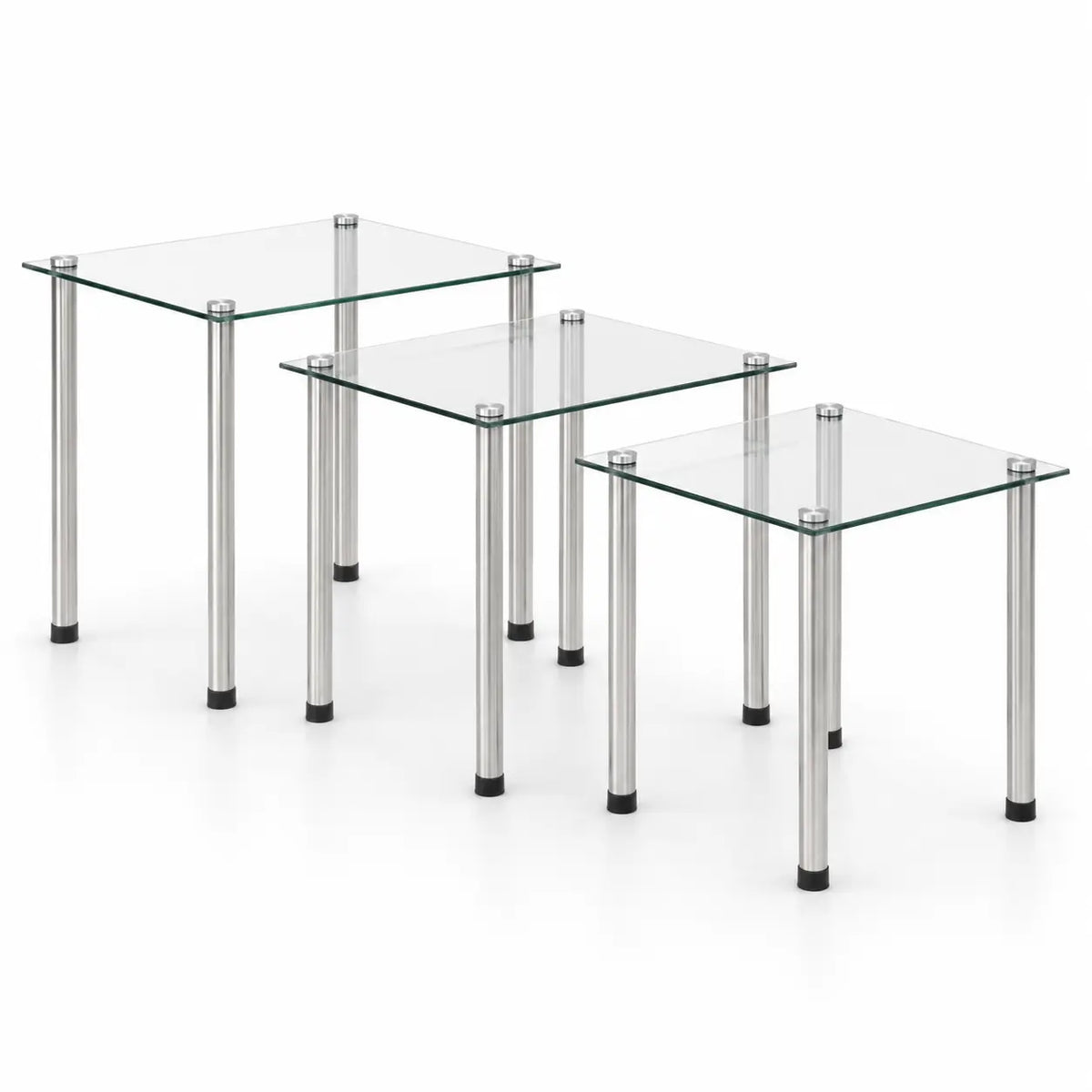 Tables basses gigognes en verre transparent avec pieds métalliques argentés au design moderne minimaliste