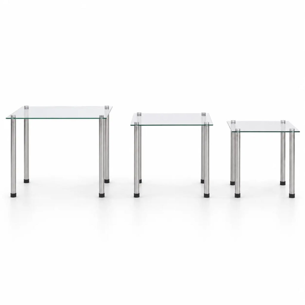 Tables basses gigognes en verre transparent avec structure métallique argentée pour salon moderne minimaliste