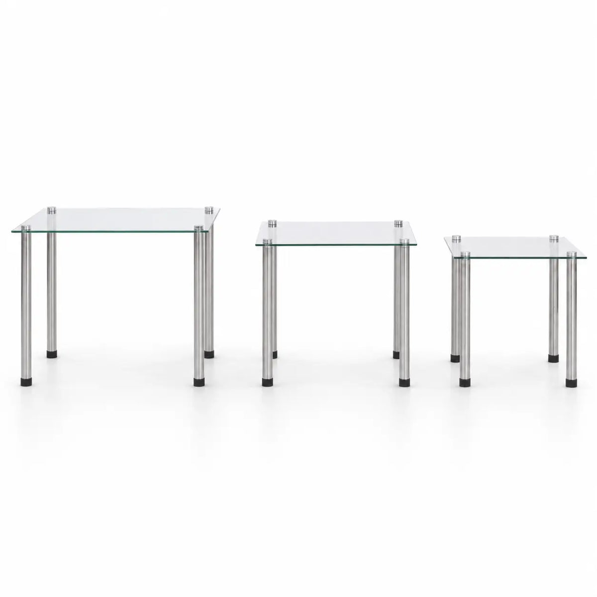 Tables basses gigognes en verre transparent avec structure métallique argentée pour salon moderne minimaliste