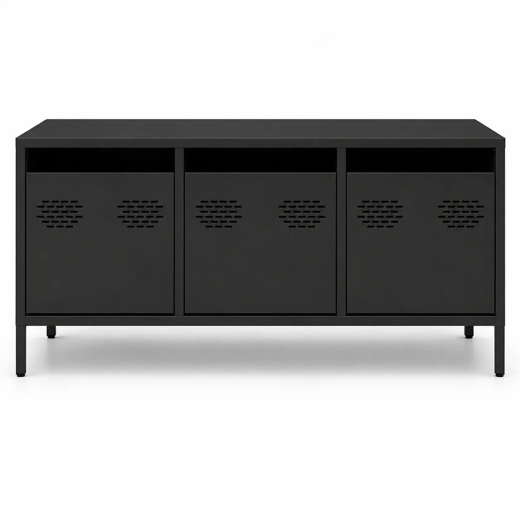 Table basse rectangulaire noire avec trois portes métalliques perforées et design industriel avec rangement intégré