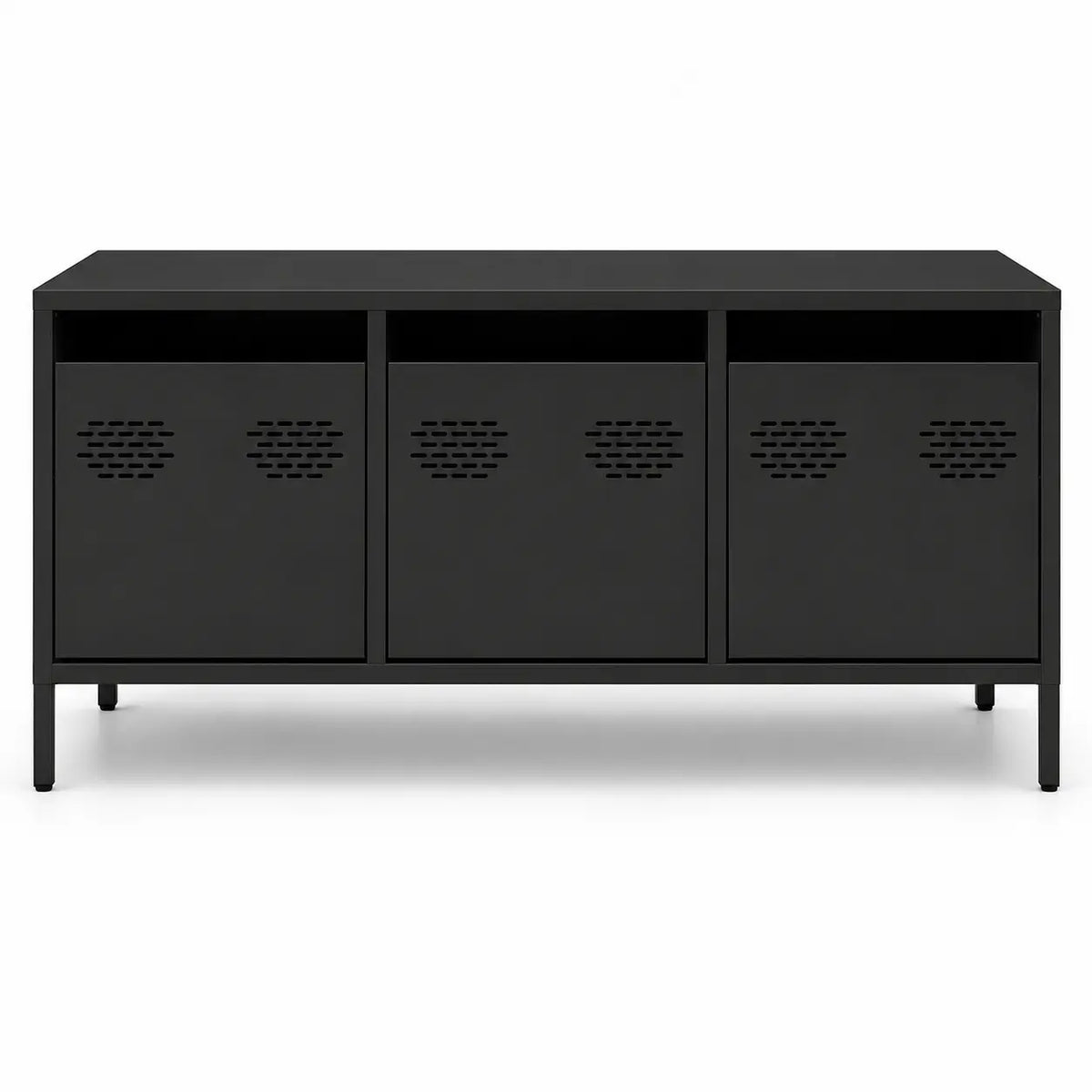 Table basse rectangulaire noire avec trois portes métalliques perforées et design industriel avec rangement intégré