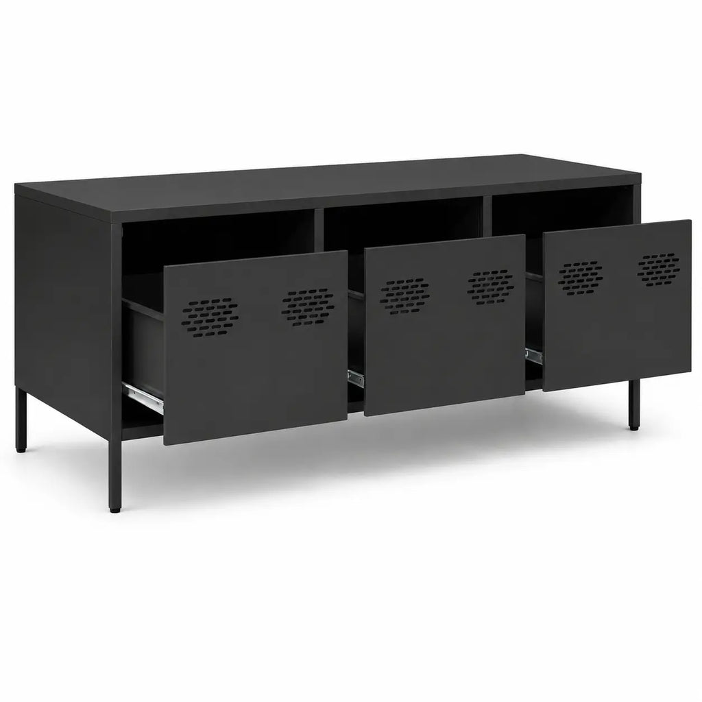 Table basse noire industrielle avec trois tiroirs de rangement métalliques et façades perforées, partiellement ouverts
