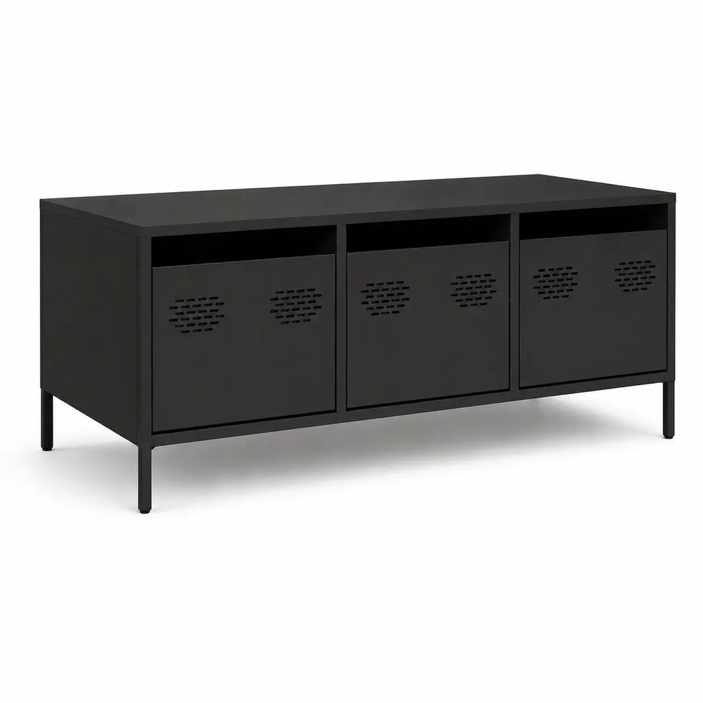 Table basse rectangulaire noire avec trois portes métalliques perforées et design industriel avec espace de rangement intégré