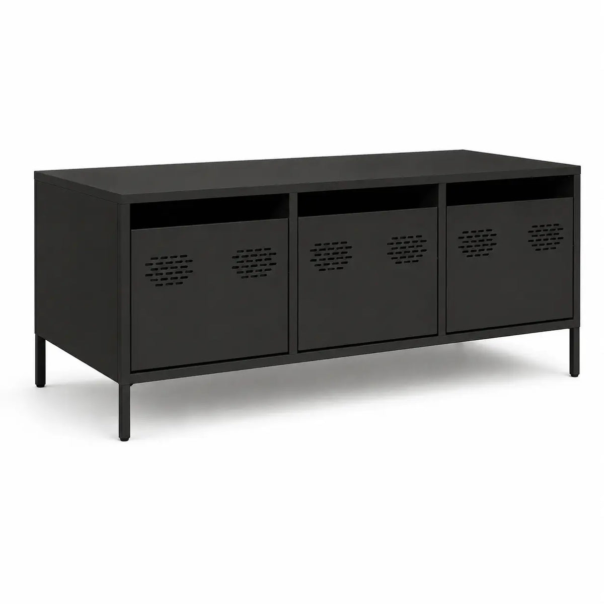 Table basse rectangulaire noire avec trois portes métalliques perforées et design industriel avec espace de rangement intégré