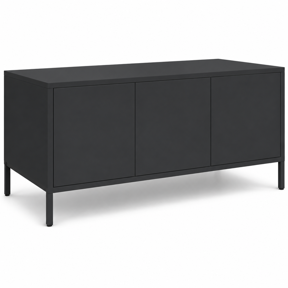 Vue arrière de la table basse rectangulaire noire au design industriel avec structure métallique minimaliste