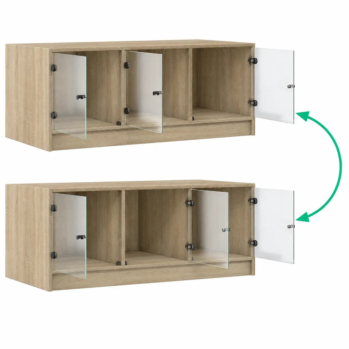 Table basse en bois clair avec panneaux en verre pivotants, illustrant le système d’ouverture des compartiments de rangement