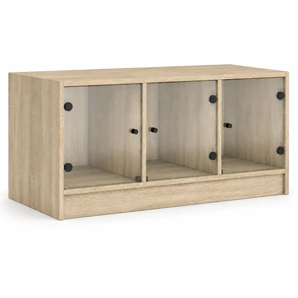 Table basse rectangulaire en bois clair avec compartiments de rangement ouverts et panneaux en verre coulissants