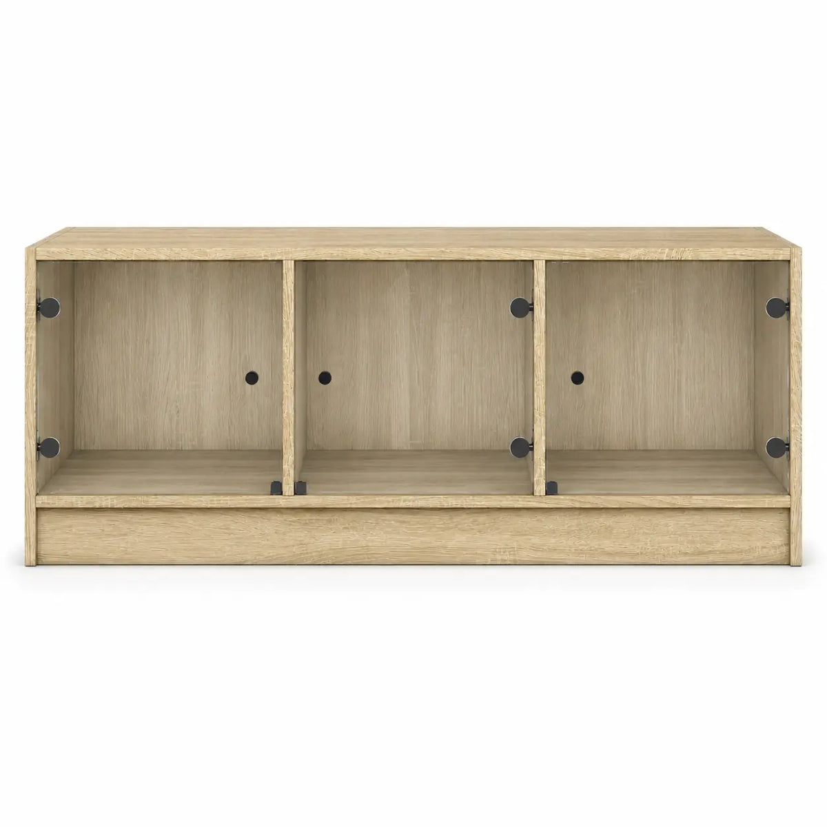 Table basse rectangulaire en bois clair avec trois compartiments de rangement ouverts et panneaux en verre coulissants