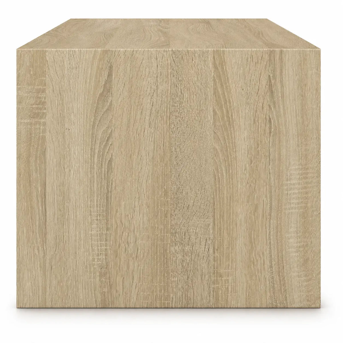Vue latérale de la table basse en bois clair avec finition effet chêne naturel au design rectangulaire épuré