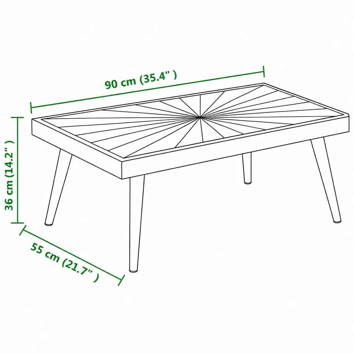Schéma dimensions table basse en bois massif à motif soleil, 90 x 55 x 36 cm, design rectangulaire avec pieds inclinés