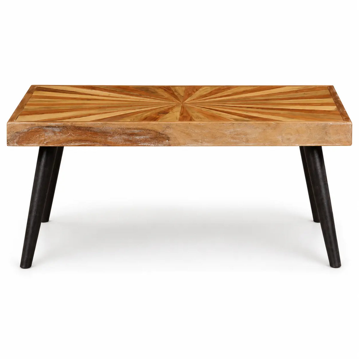 Table basse rectangulaire en bois massif avec plateau motif soleil marqueté et pieds noirs inclinés, design rétro chic