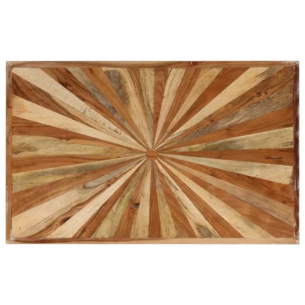 Vue du dessus de la table basse en bois massif avec plateau marqueté motif soleil, design artisanal aux finitions naturelles
