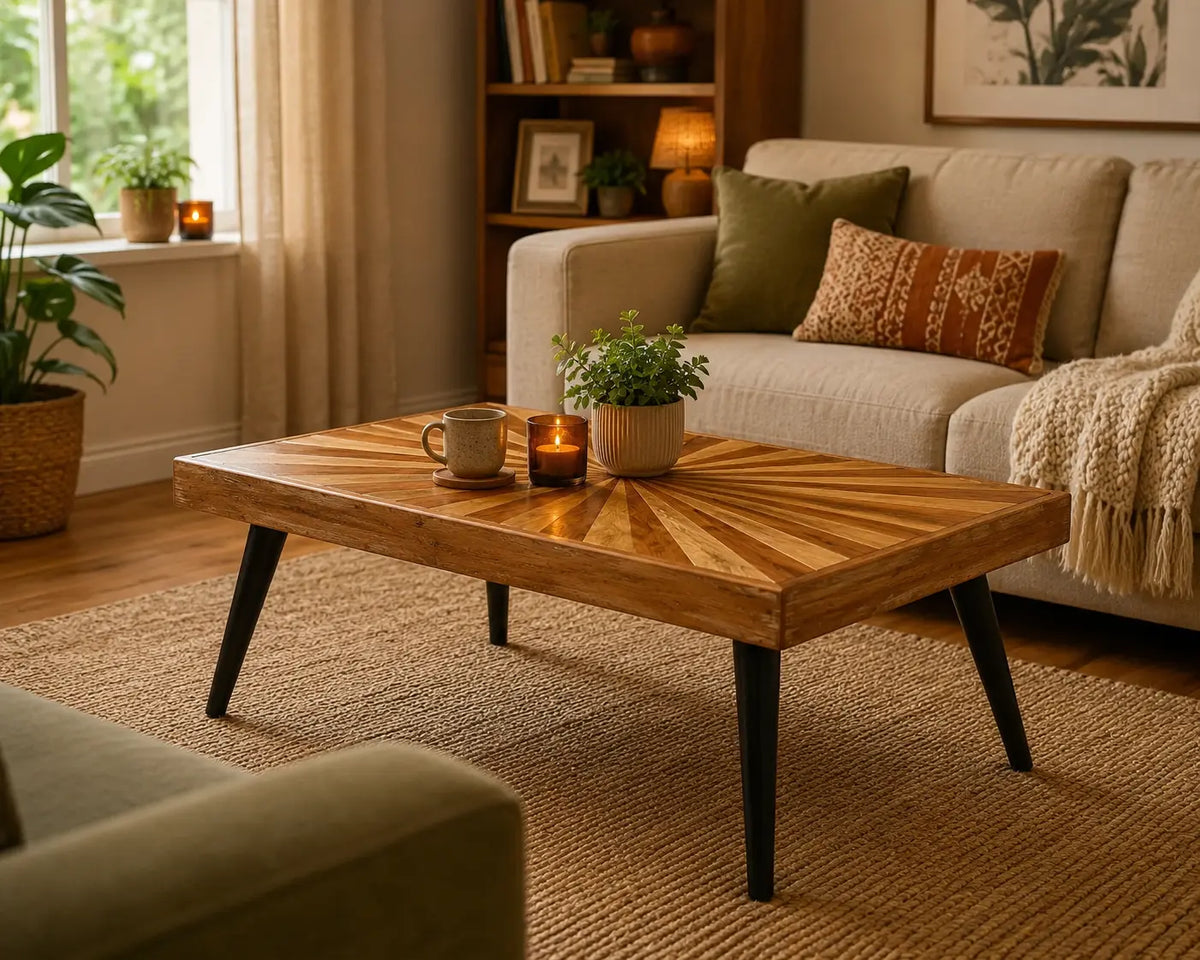 Table basse en bois massif à motif soleil marqueté avec pieds noirs inclinés, mise en scène dans un salon chaleureux