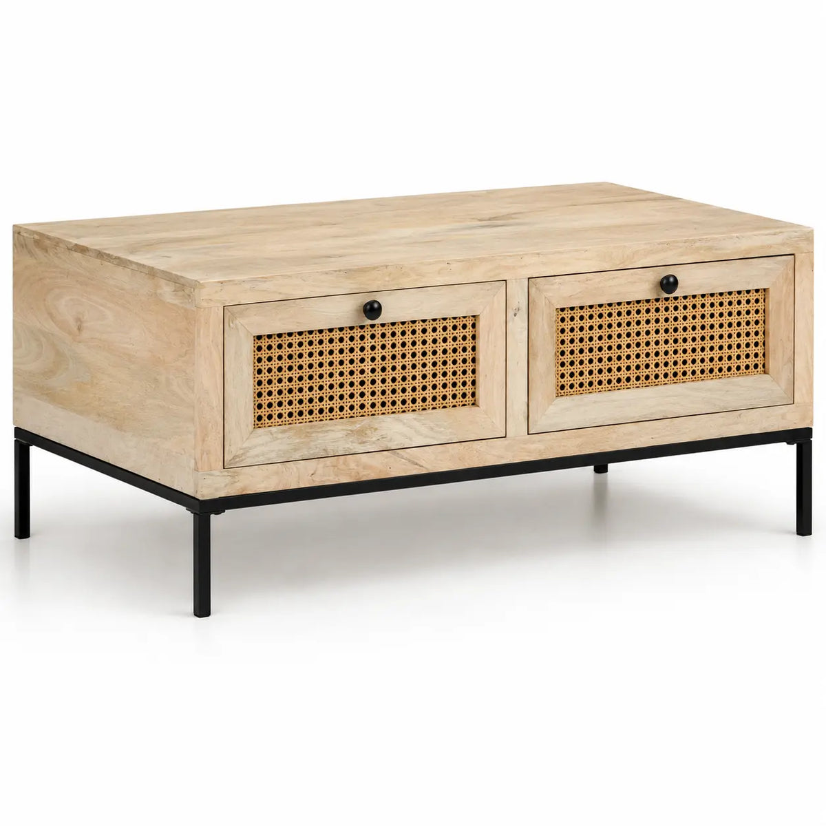 Table basse en bois clair avec 2 tiroirs en cannage, pieds en métal noir, style moderne et rangement pratique