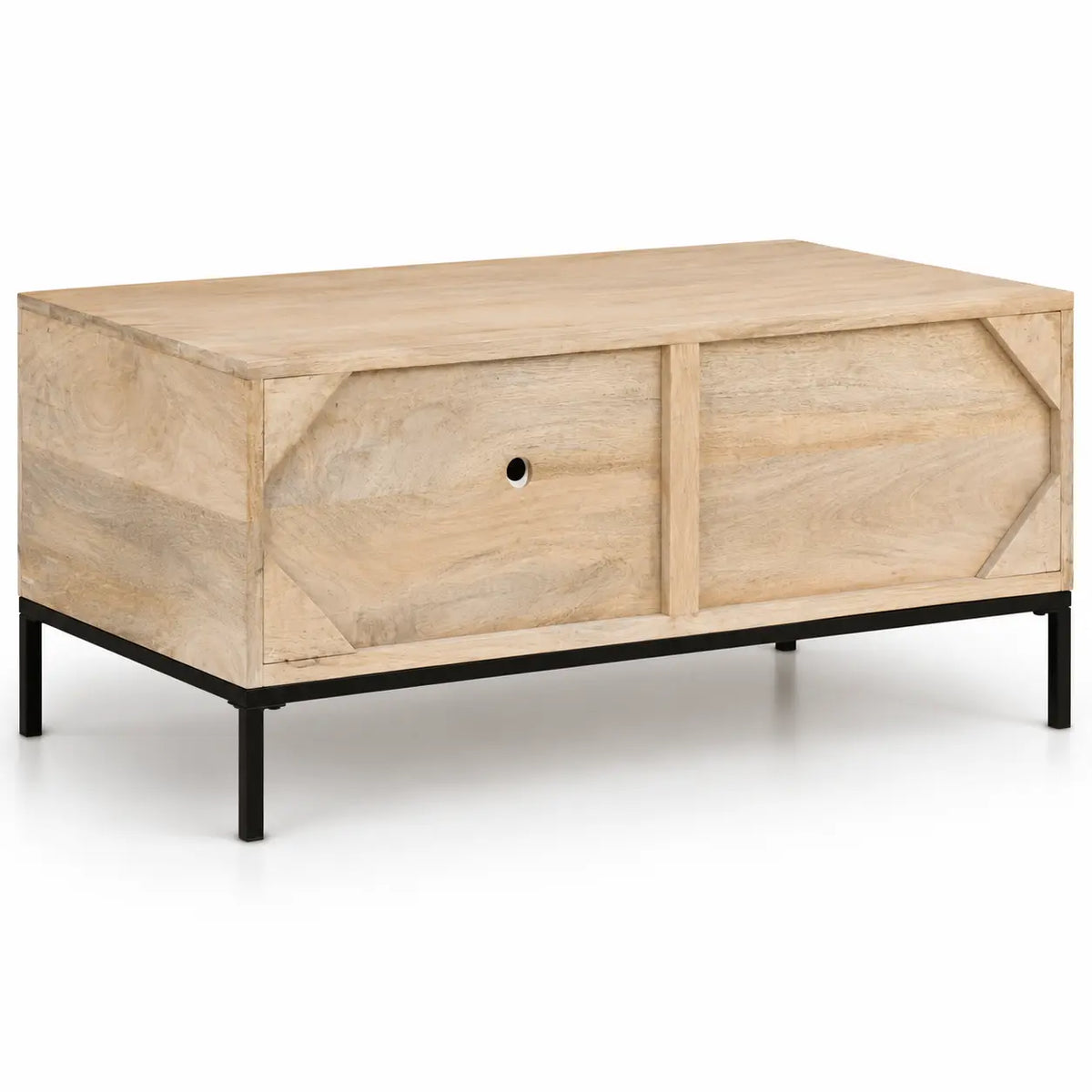 Table basse en bois clair avec panneau arrière plein, structure en métal noir, design contemporain et finition naturelle