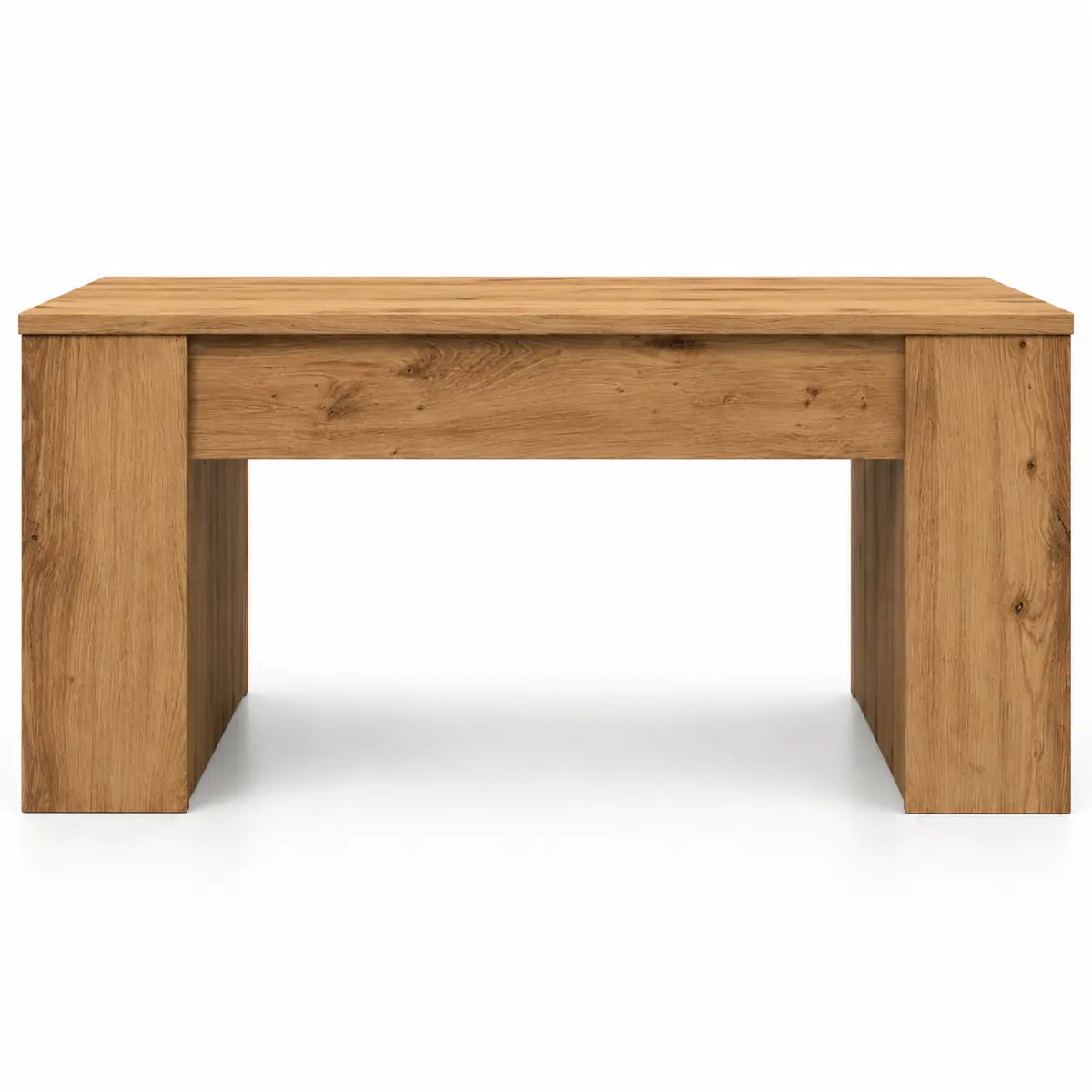 table basse en bois effet chêne, vue de face, design minimaliste avec large plateau de travail pour espace bureau moderne