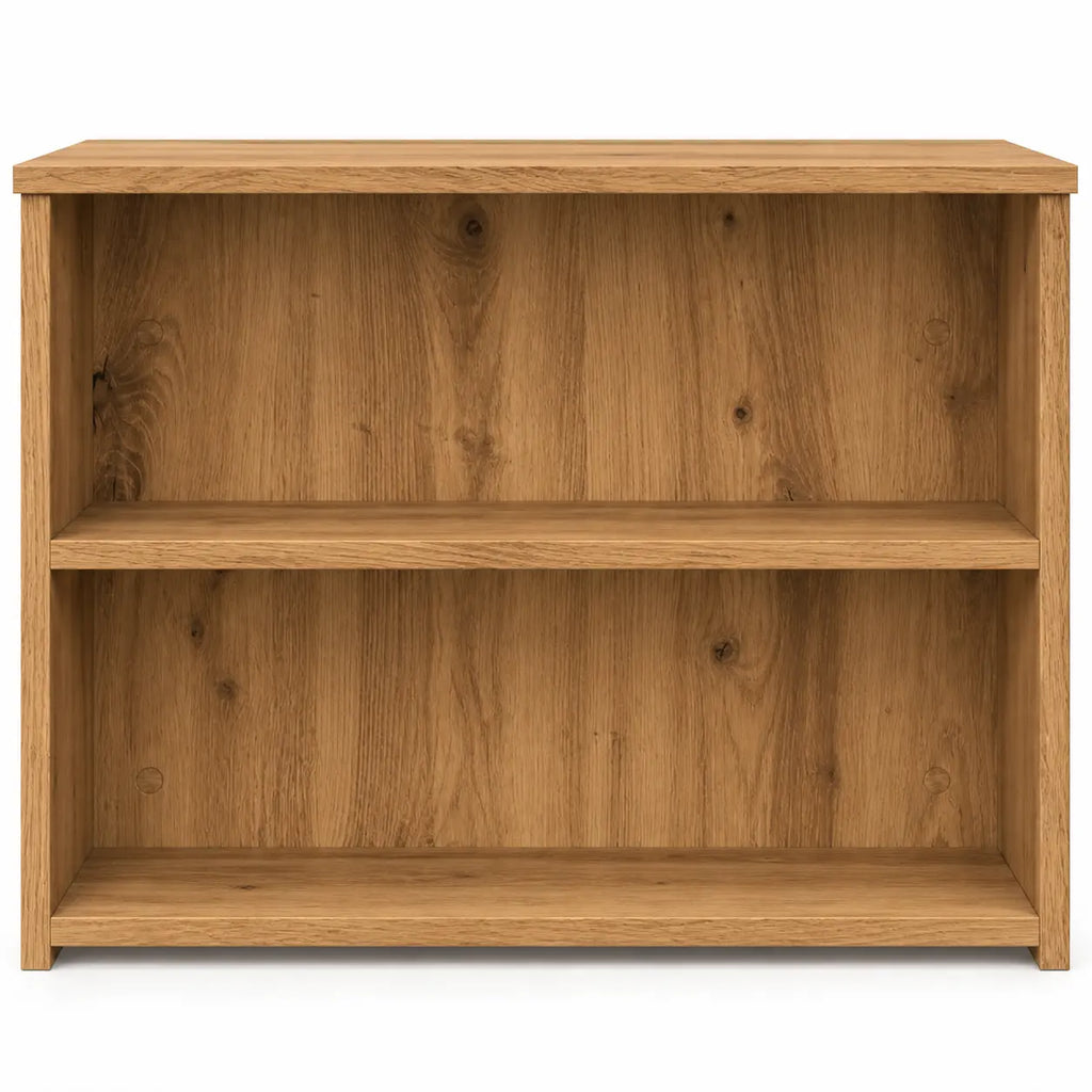 Vue latérale de la table basse en bois effet chêne avec deux étagères ouvertes intégrées, rangement pratique et design contemporain