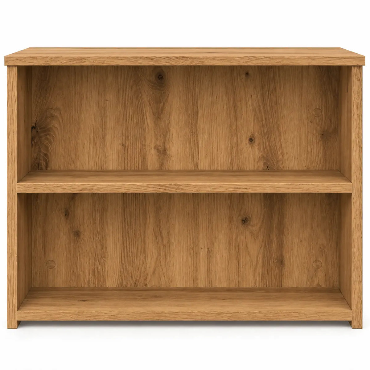 Vue latérale de la table basse en bois effet chêne avec deux étagères ouvertes intégrées, rangement pratique et design contemporain